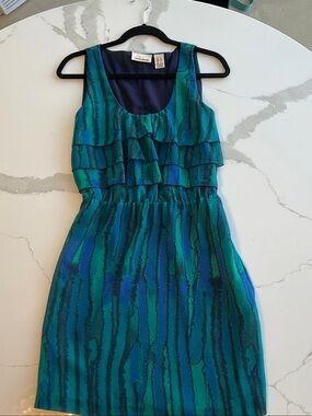 DKNY Teal and Blue Ruffle-Front Sleeveless Mini Dress